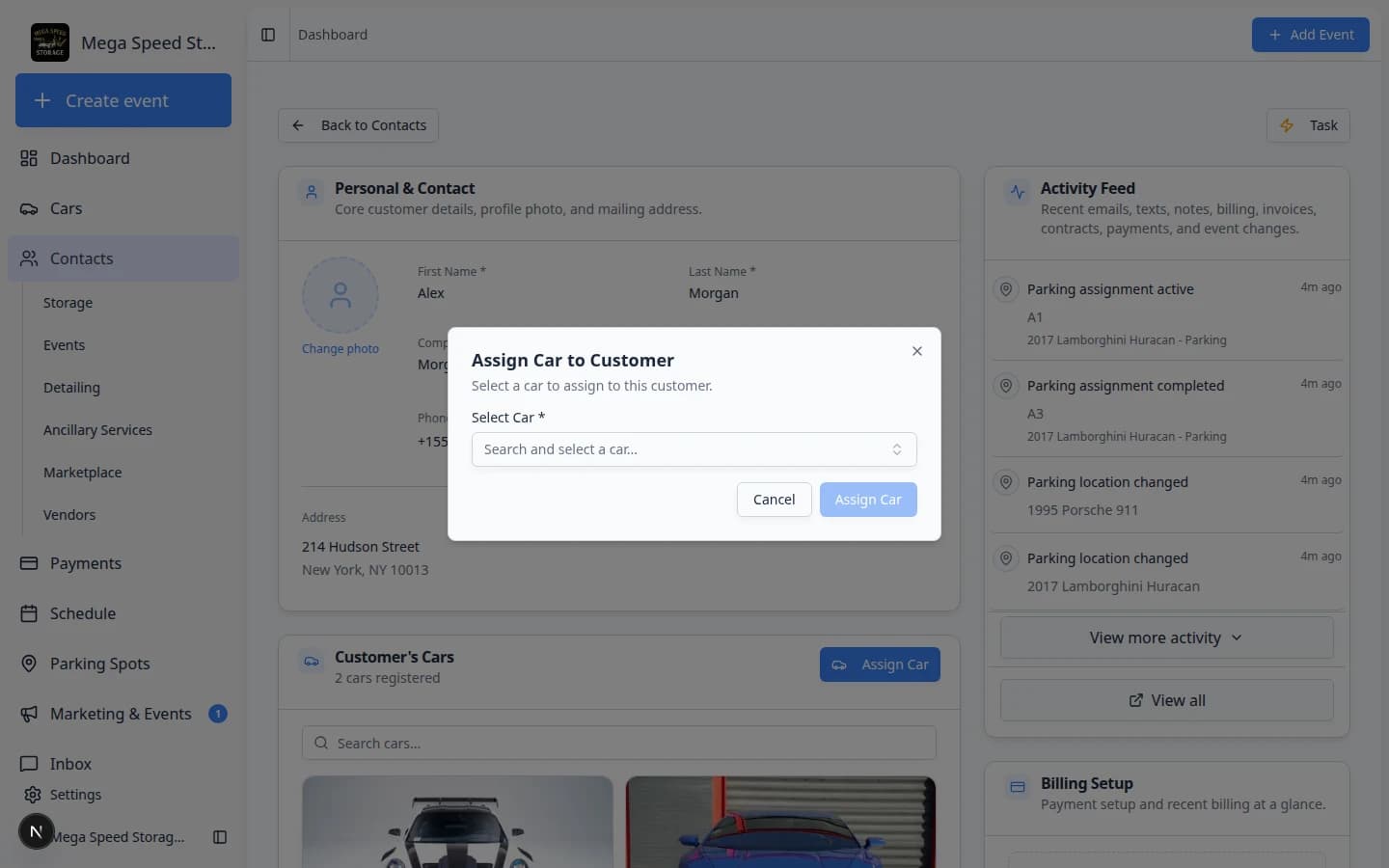 Assign Car to Customer dialog with a car search field and Assign Car button
