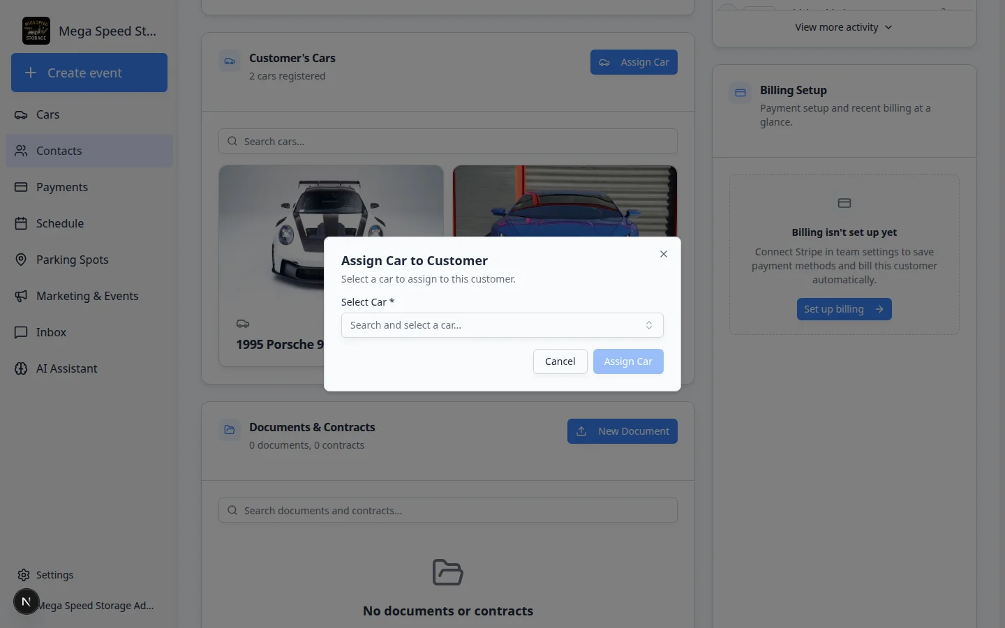 Assign Car to Customer dialog with a car search field and Assign Car button