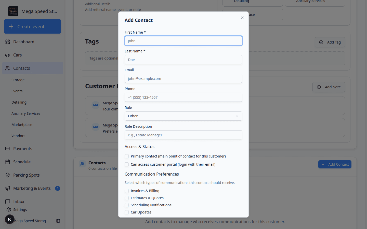 Add Contact dialog showing communication preference checkboxes for invoices, scheduling, car updates, contracts, and marketing