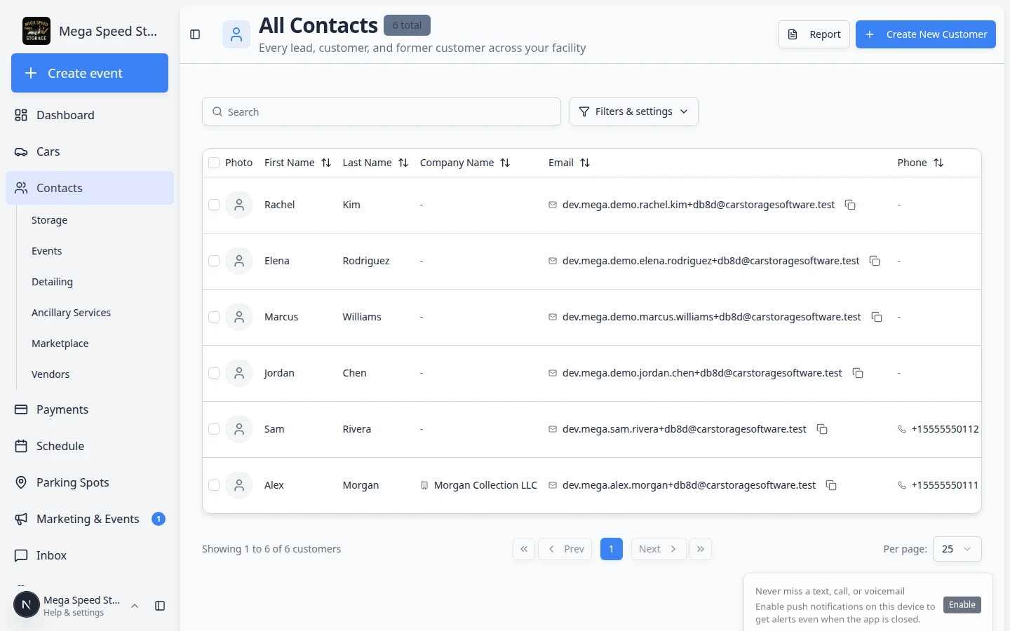 Contacts card view showing customer cards with names, contact details, and quick actions