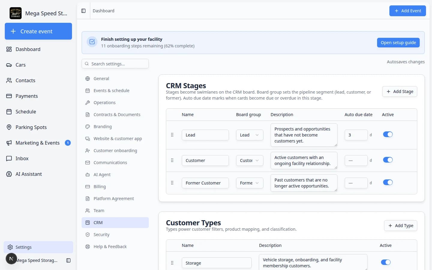 Settings CRM page showing pipeline stages, customer types, and lead sources your facility can use on customer records