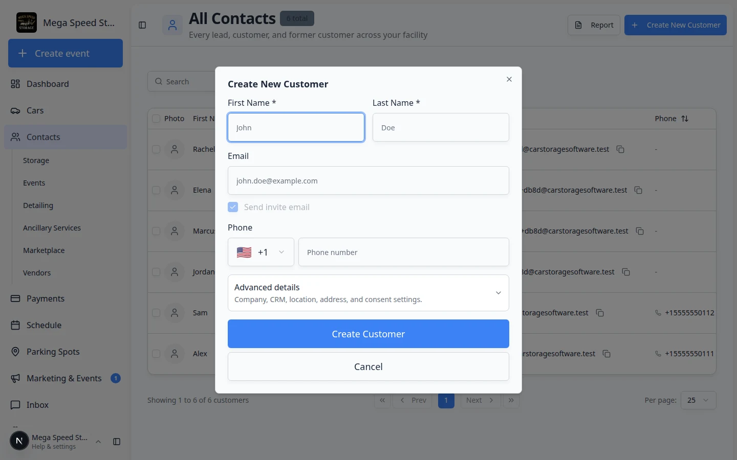 All Contacts page header showing the page title, Create New Customer button, and Report button