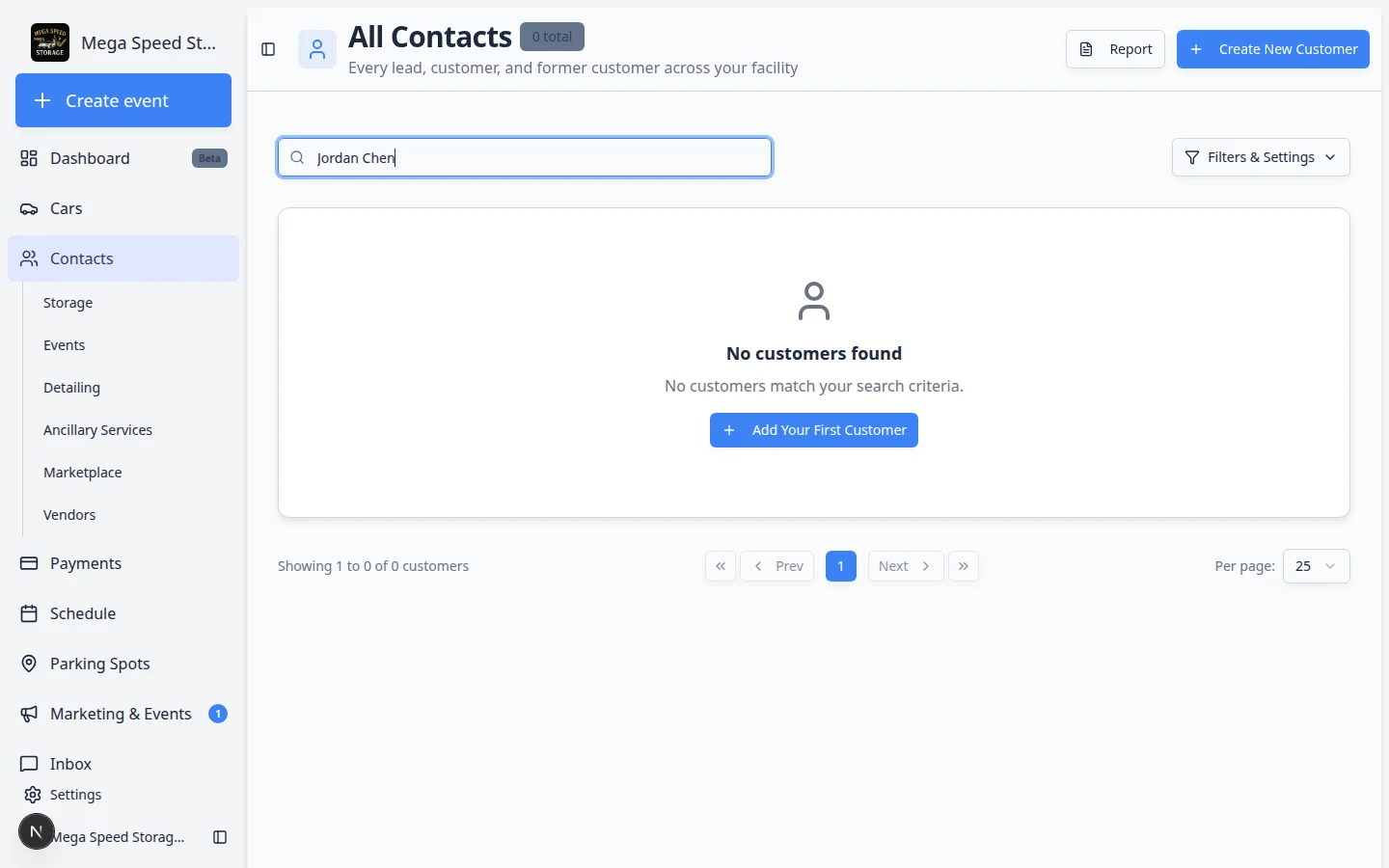 Contacts list filtered to show a newly created customer in the table