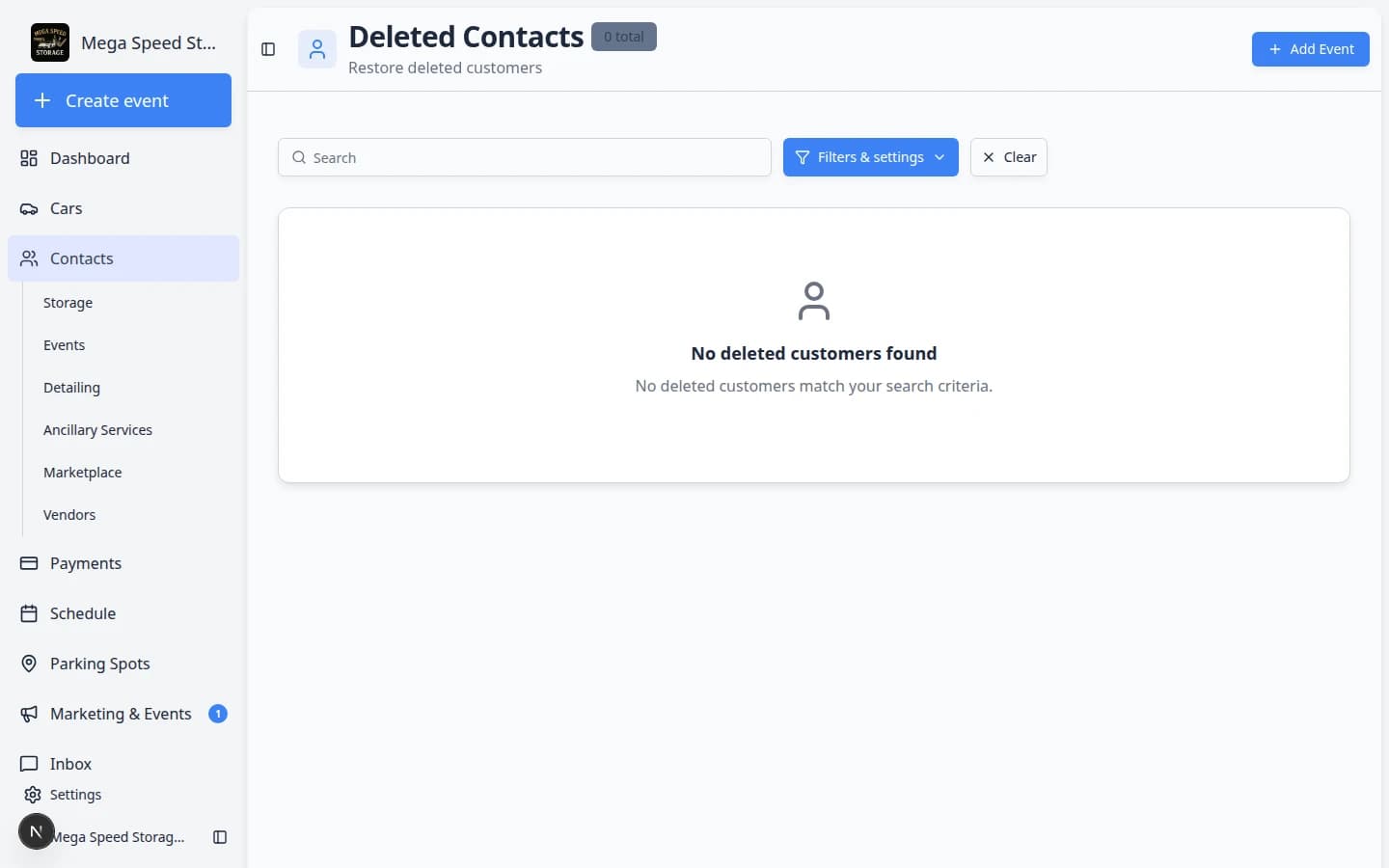 All Contacts page in the dashboard showing the customer table, type tabs such as Storage and Events, and columns for name, email, phone, cars, and CRM stage