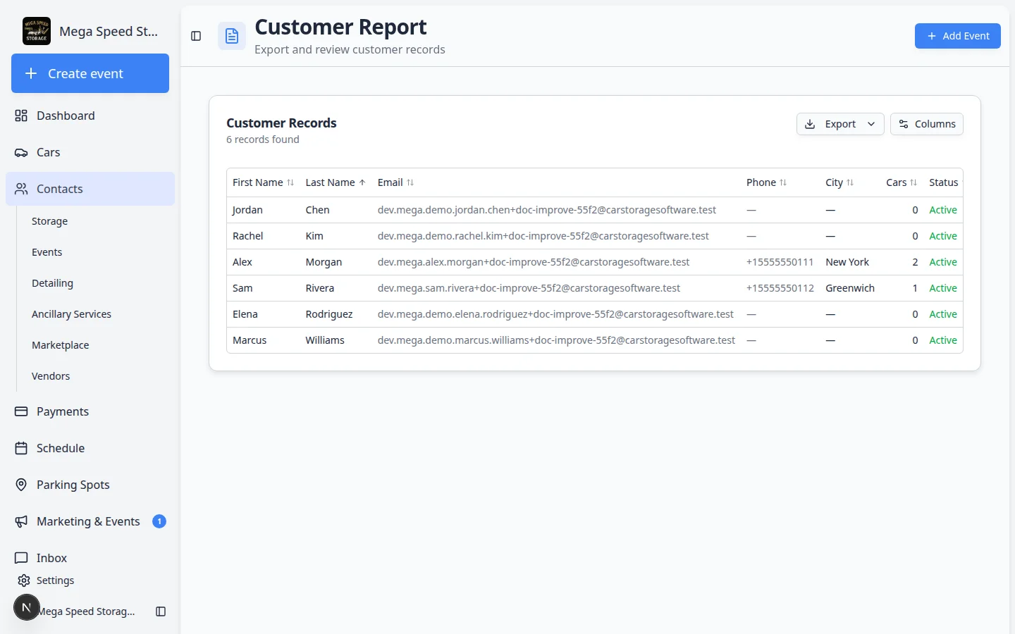 Customer Report Columns menu open showing checkboxes for Portal Access, In Stripe, Payment Method, and other fields