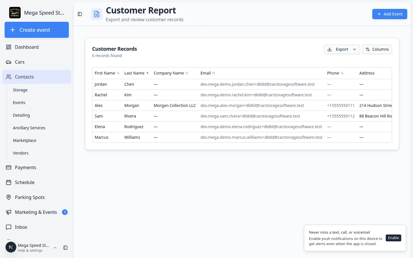 Customer Report Export menu open with Export as CSV option