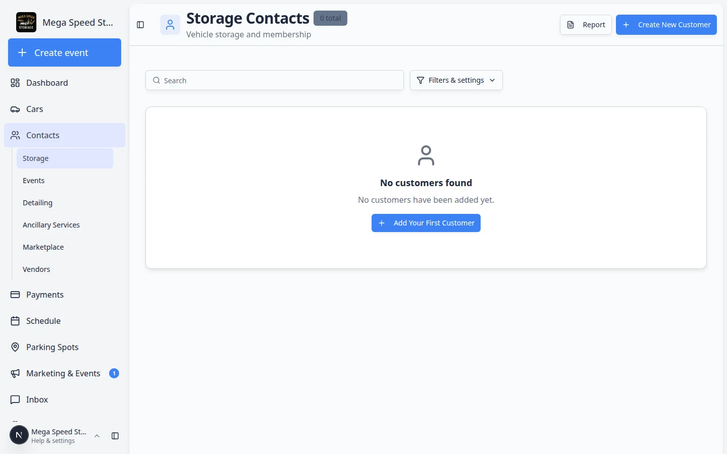 Storage contacts page showing a shorter customer list filtered to storage customers only