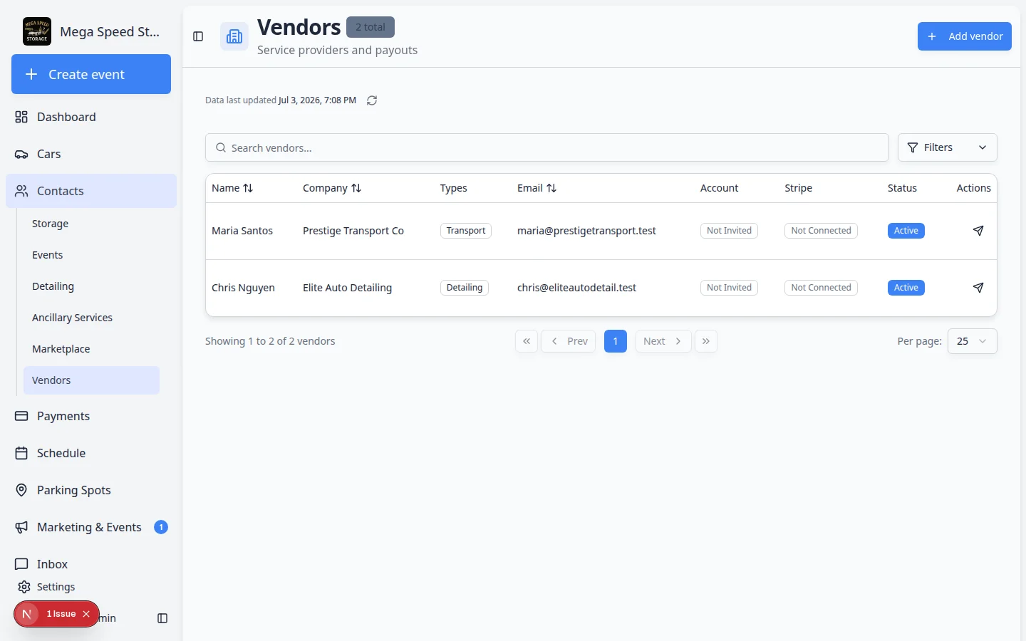 Vendors page showing a table with company names Elite Auto Detailing and Prestige Transport Co, contact emails, and Add vendor button