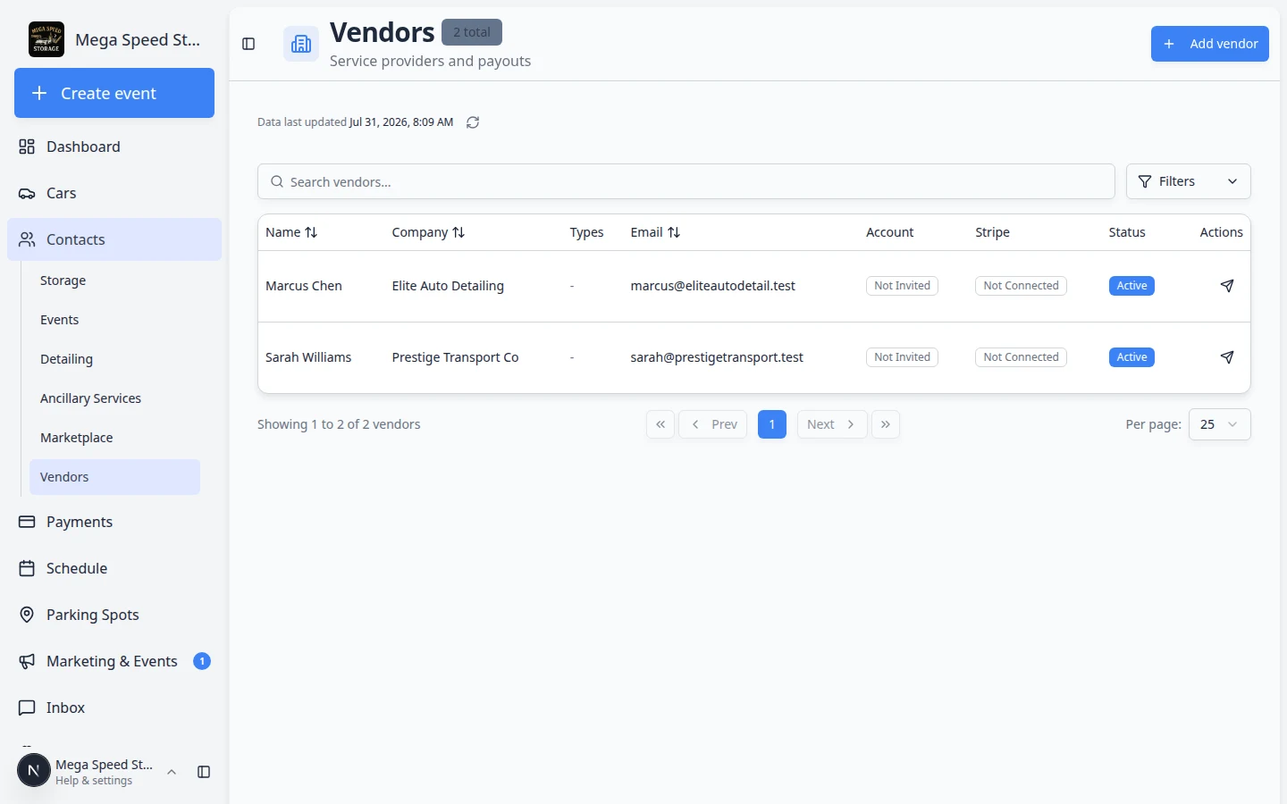 Vendors page under Contacts showing service providers with contact details and payment status