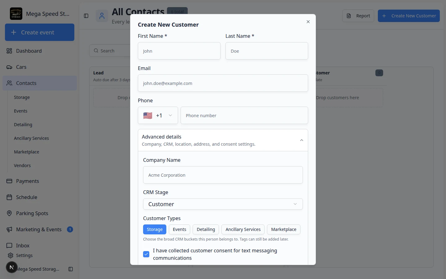Create New Customer dialog with Advanced details expanded showing CRM Stage, Customer Types, and address fields