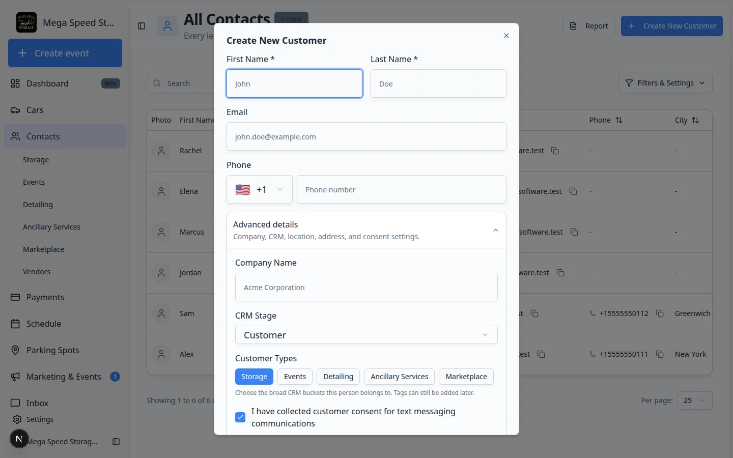Create New Customer dialog with Advanced details expanded showing CRM Stage, Customer Types, and address fields