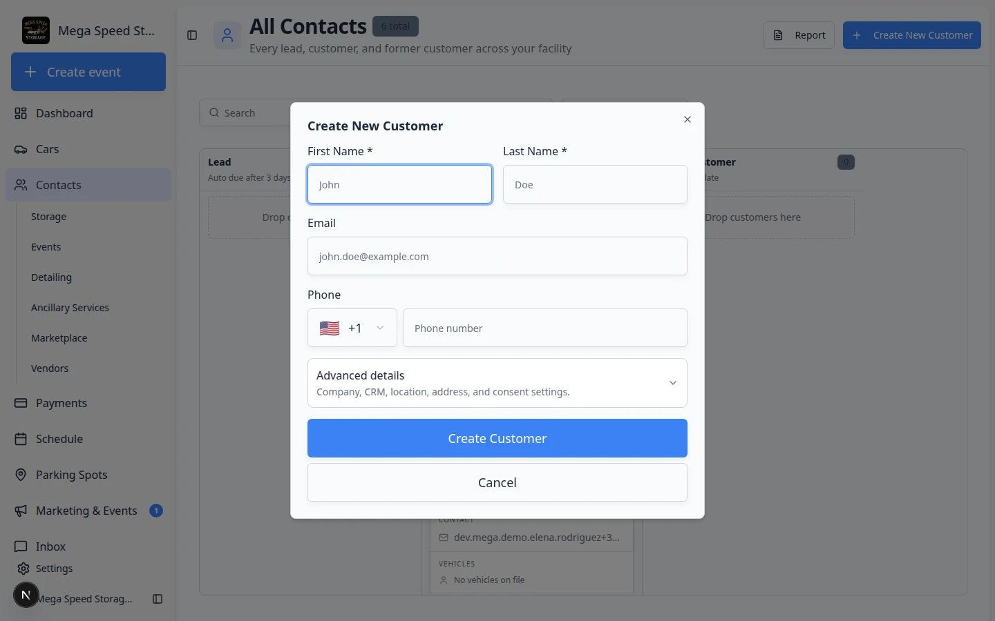 Create New Customer dialog showing first name, last name, email, phone, and Advanced details section