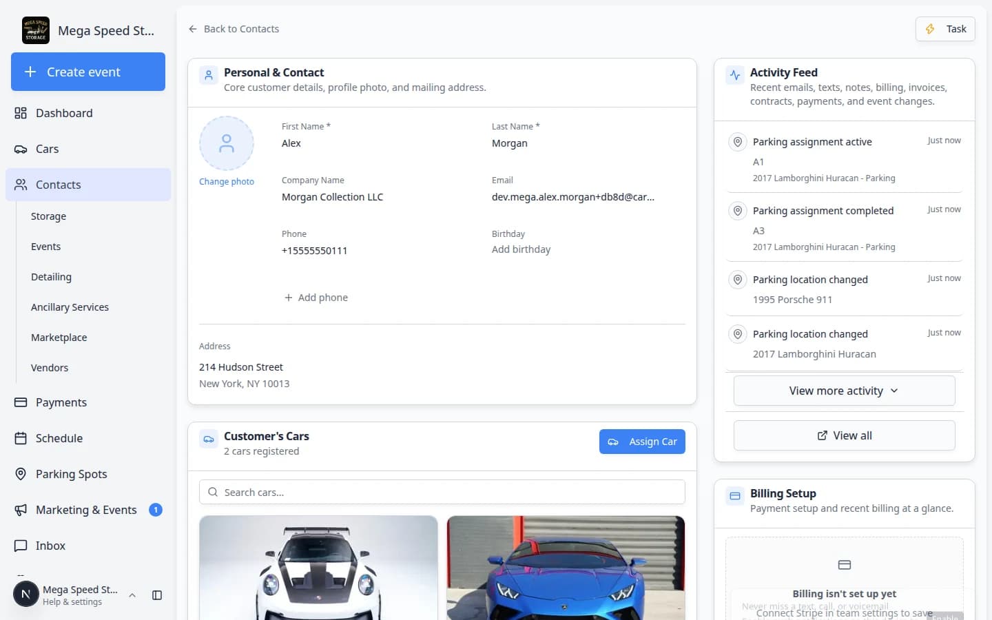 Activity Feed section on a customer detail page showing recent communication and billing events