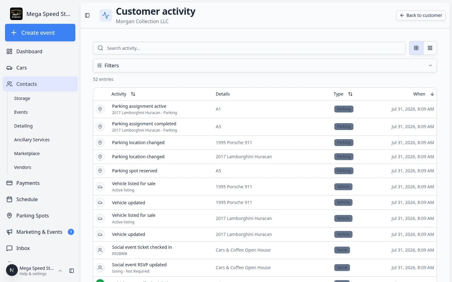 Customer activity page with Filters open showing category buttons and a search box