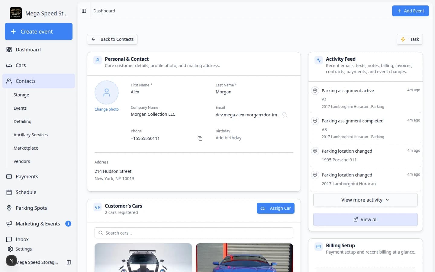 Customer's Cars section showing linked vehicles and an Assign Car button