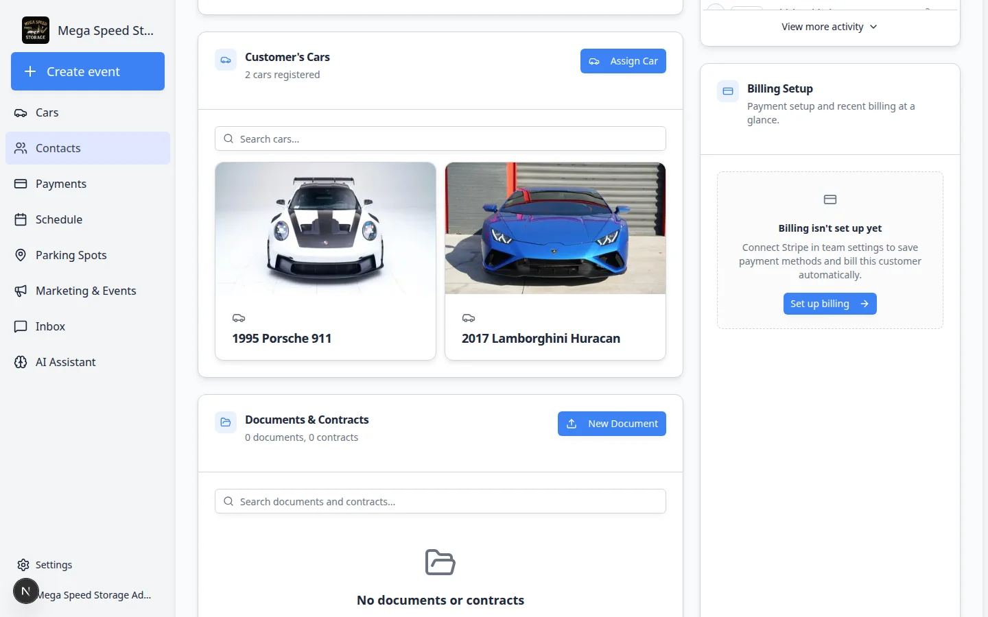 Customer's Cars section showing linked vehicles and an Assign Car button