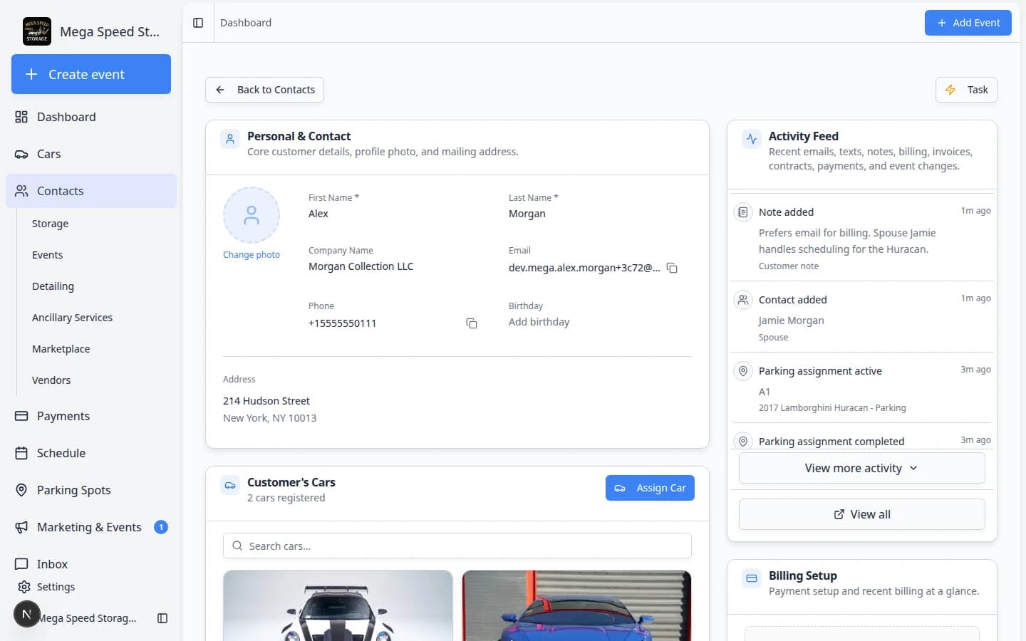 Contacts section on customer detail page showing an additional contact with role, email, communication preferences, and action icons for edit, send invite, and delete
