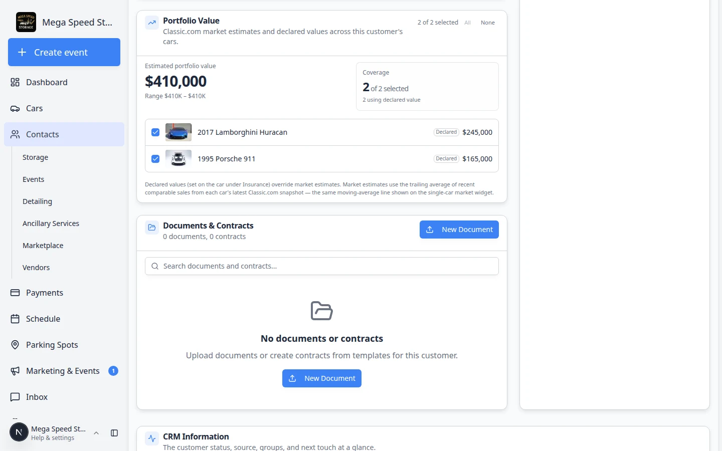 Contacts section on the customer detail page showing the list of additional contacts with role, email, and portal access fields