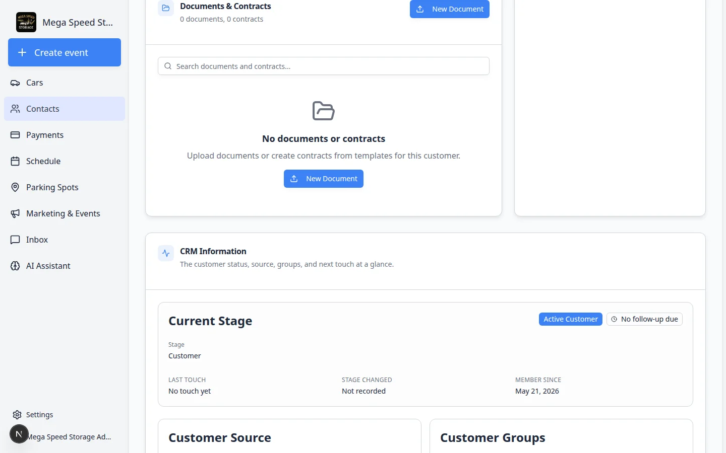 Contacts section on a customer detail page showing an additional contact with role, email, communication count, portal access, and action buttons