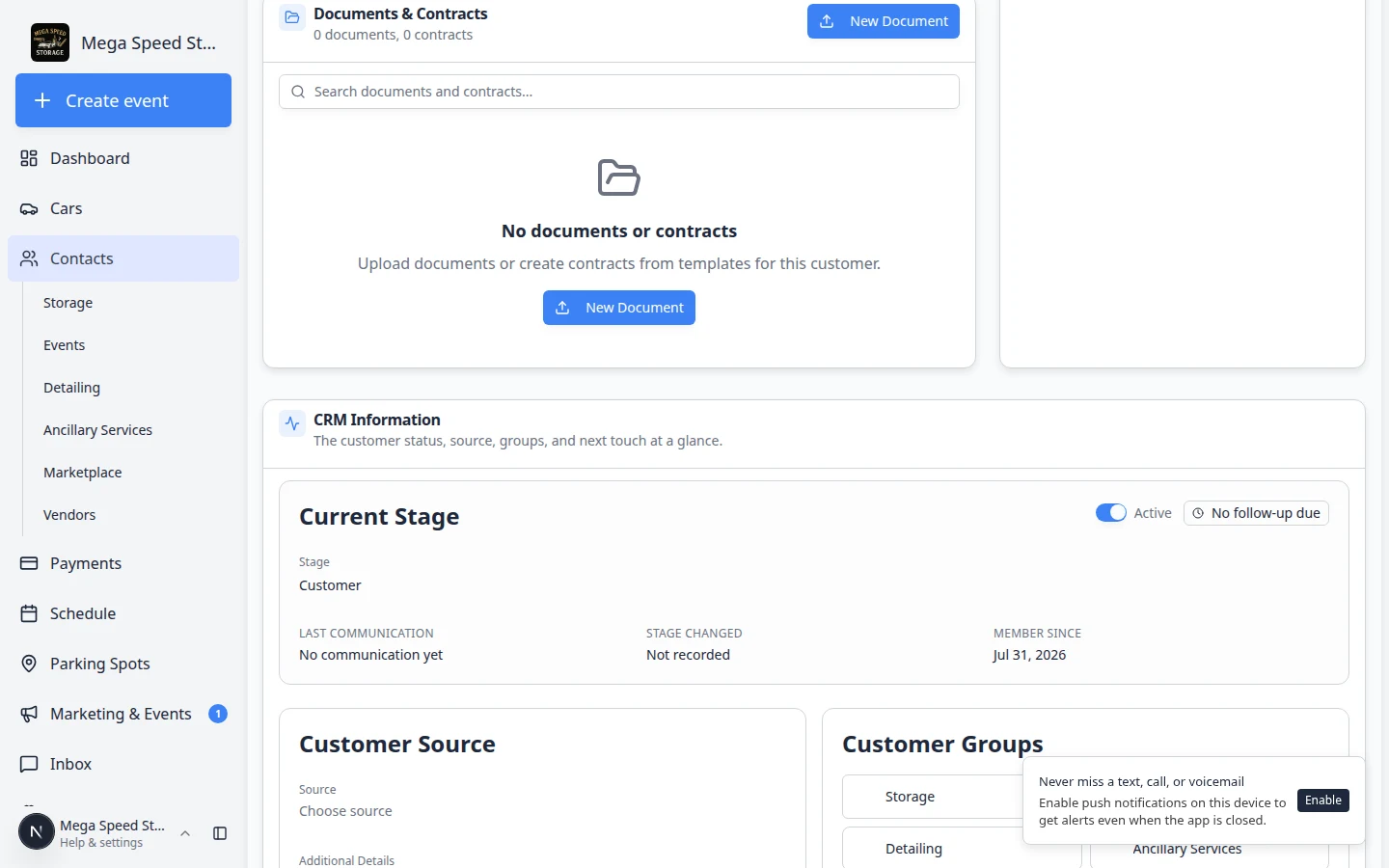 CRM Information section showing Active toggle and Current Stage