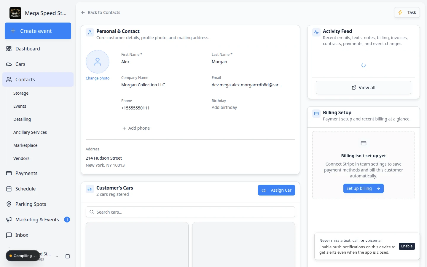 CRM Information section showing current stage, source, customer groups, and tags