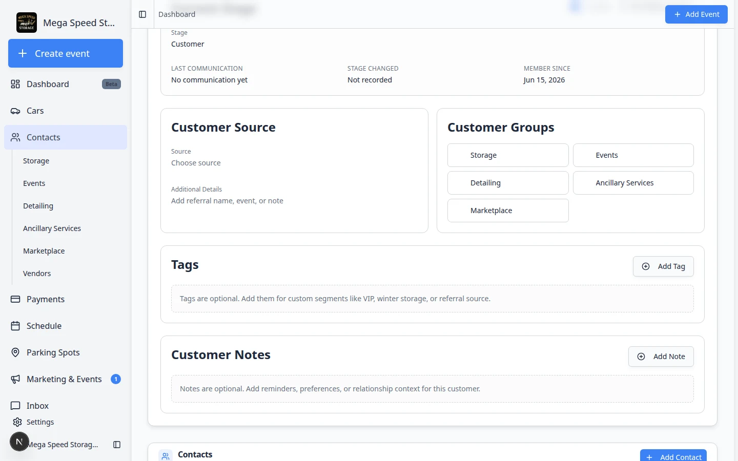 CRM Information section showing current stage, source, customer groups, and tags