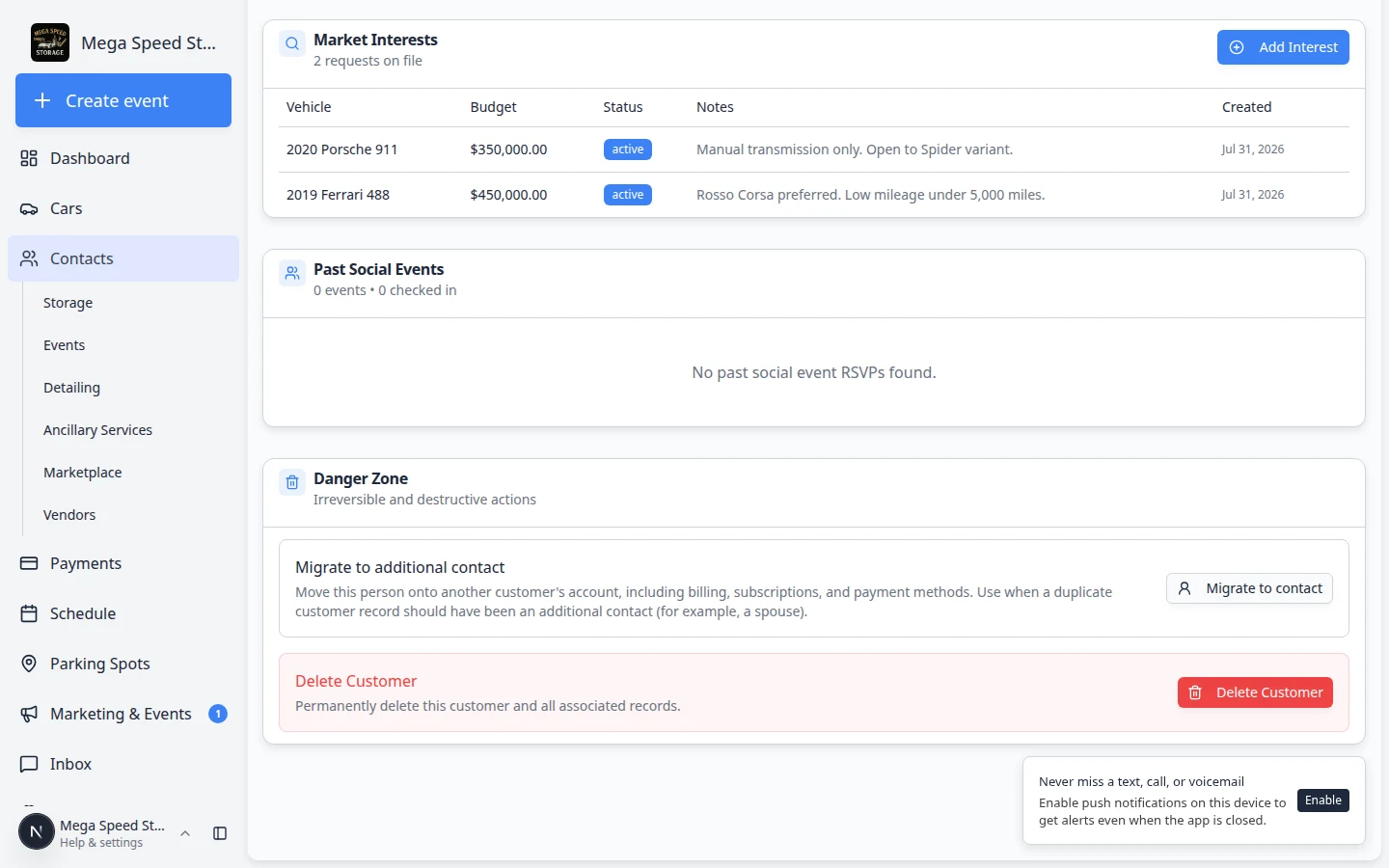 Danger Zone on customer detail page showing Migrate to additional contact and Delete Customer
