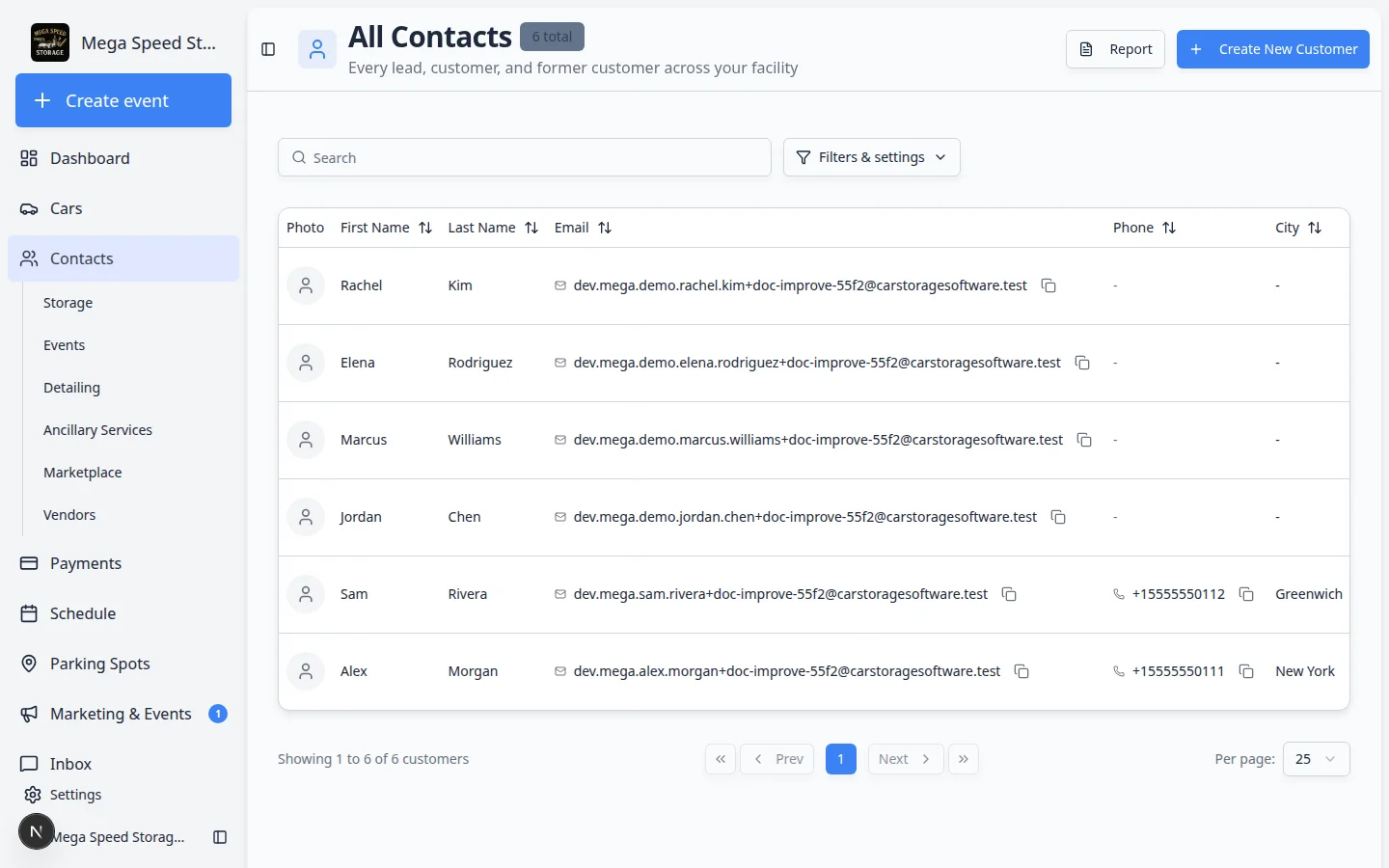 Contacts table showing Account Status, Portal Access, and row actions including Send Invite