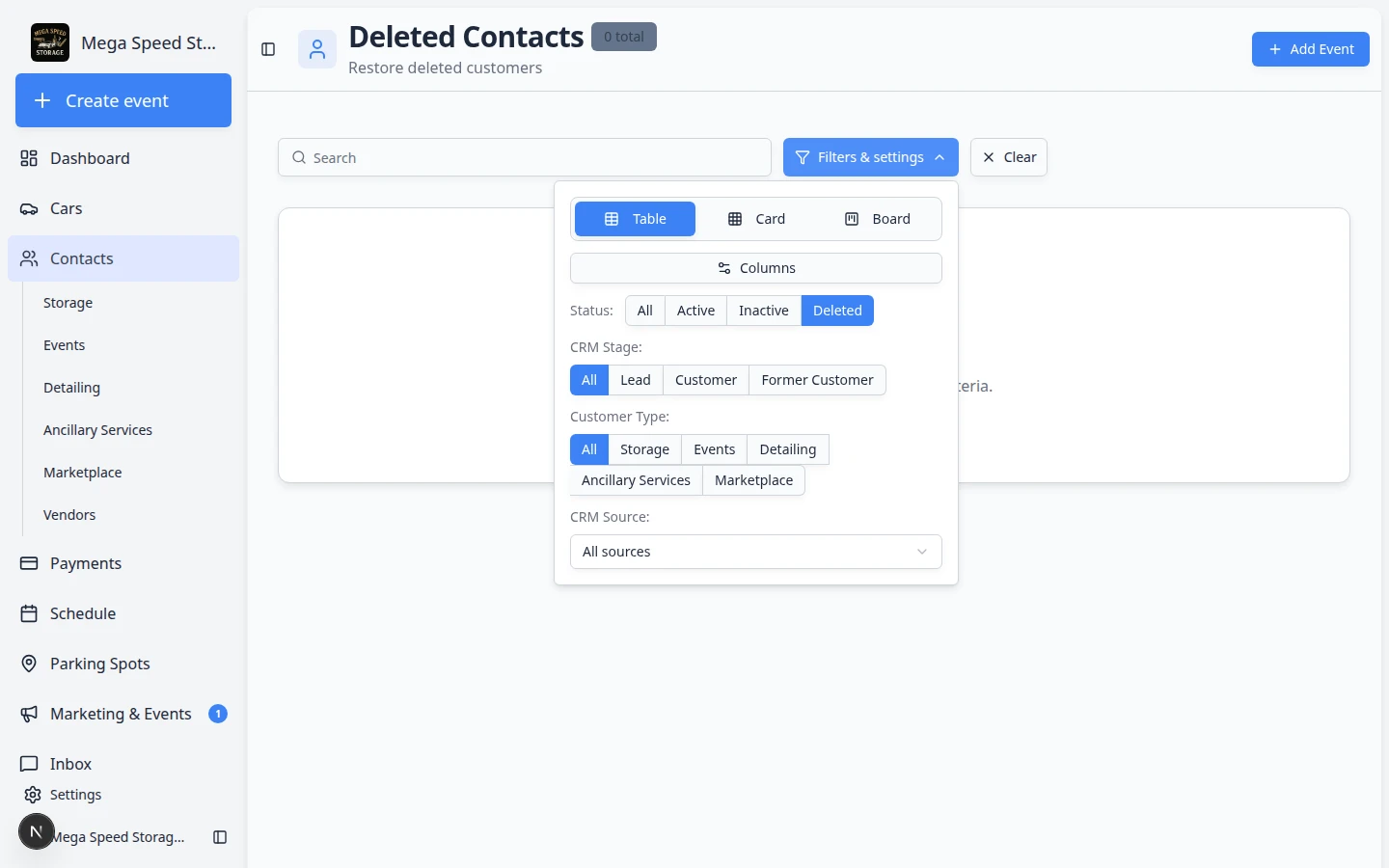 Contacts table showing customer rows with Send Invite and other row actions