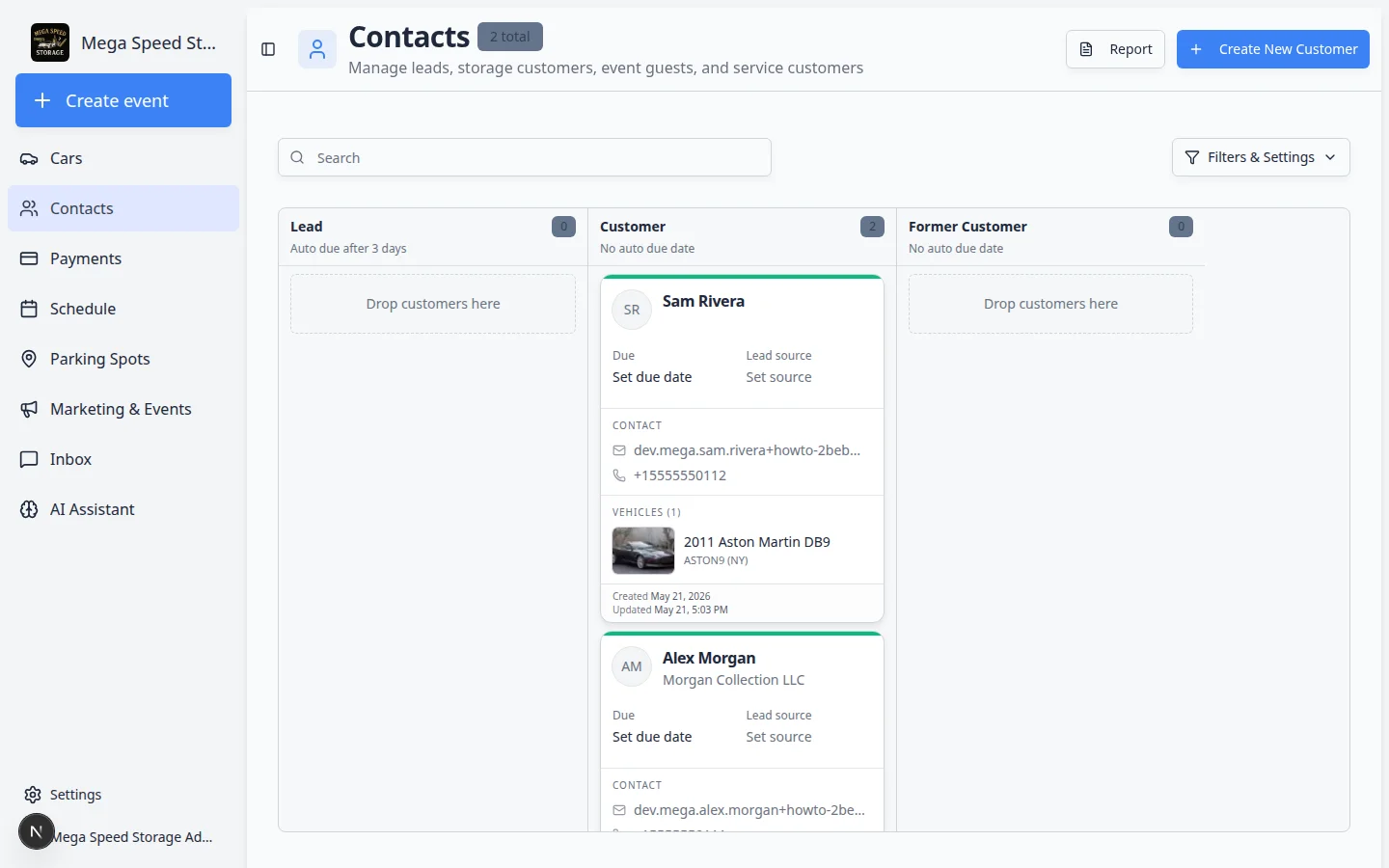 Contacts list page in the staff dashboard showing customer rows and customer actions