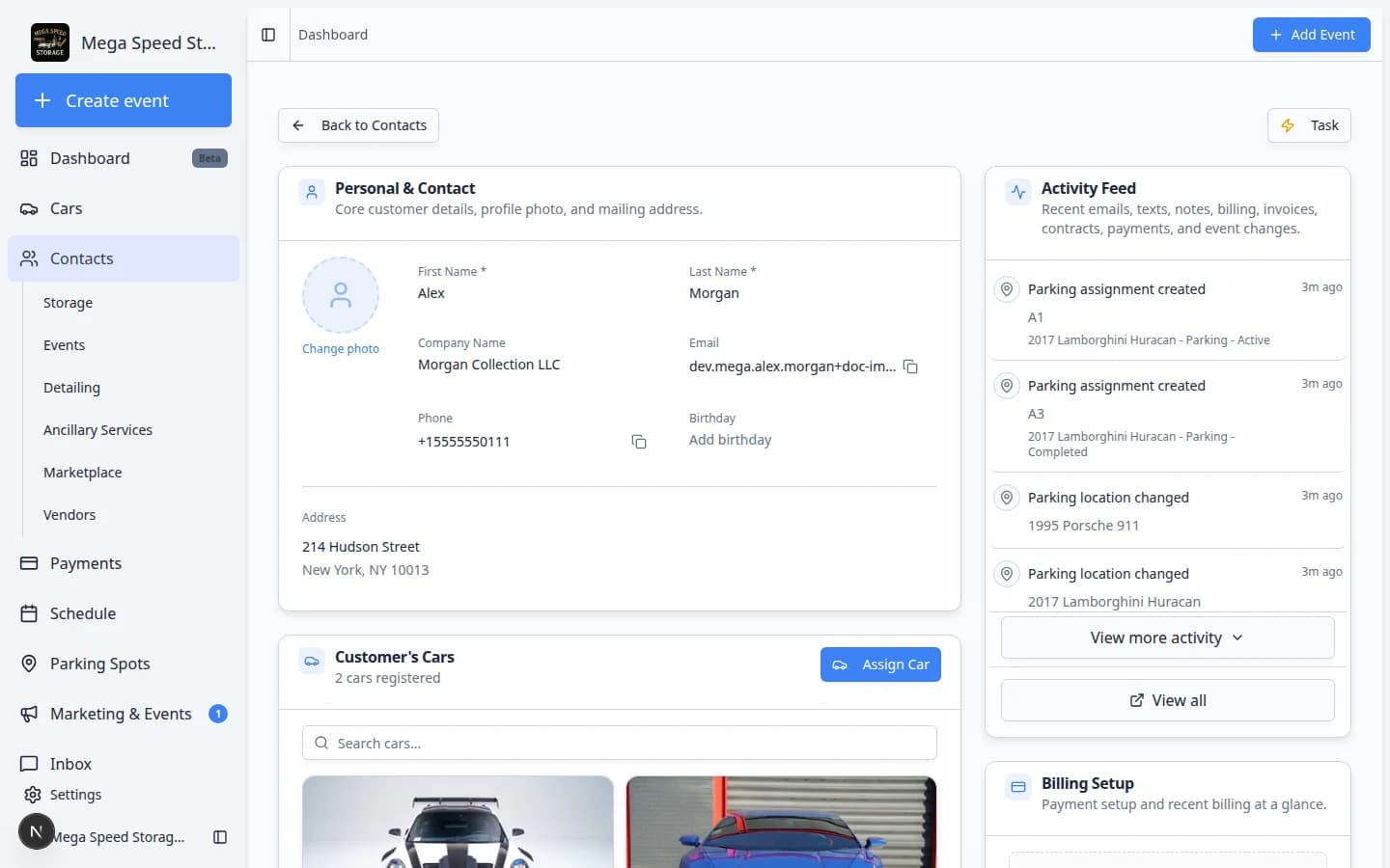 Customer detail page in the staff dashboard showing a customer record with contact details and linked account information