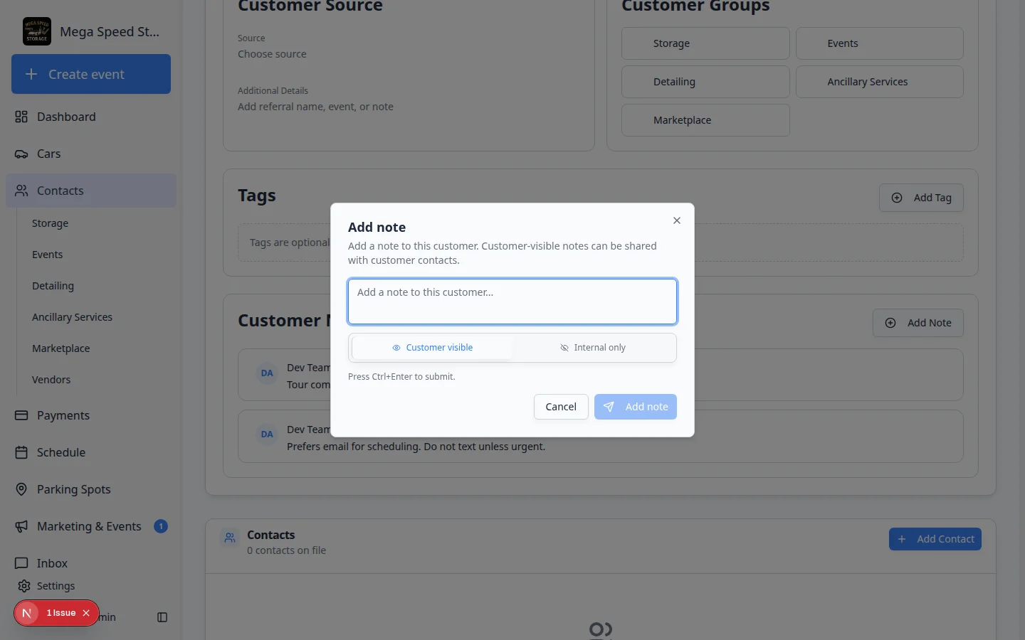 Add note dialog with a text area, Customer visible and Internal only toggle, and Add note button