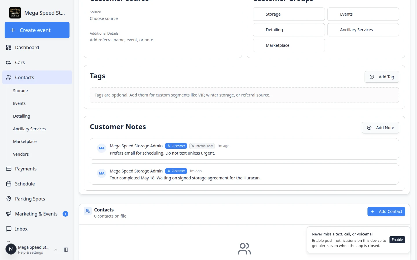 Customer detail page showing the Customer Notes section with two notes, author initials, and Customer visible or Internal only labels
