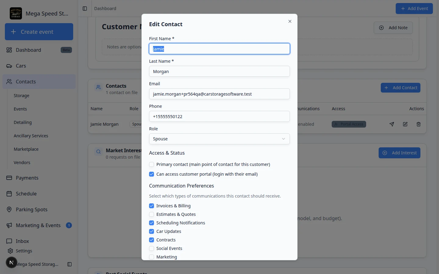 Edit Contact dialog with Can access customer portal checkbox enabled
