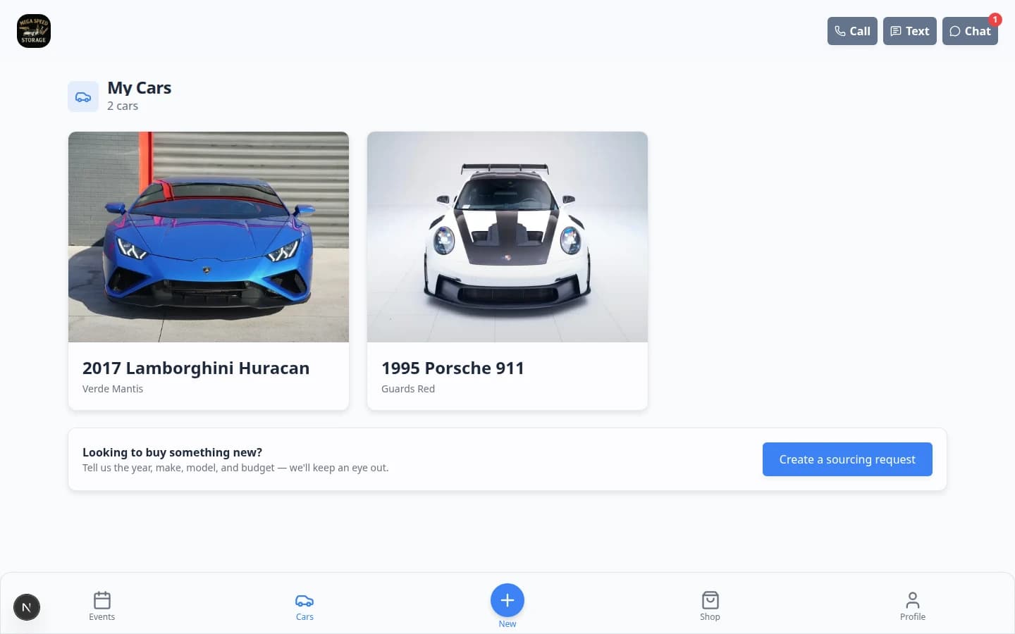 Customer portal Cars page showing vehicles linked to the customer's account