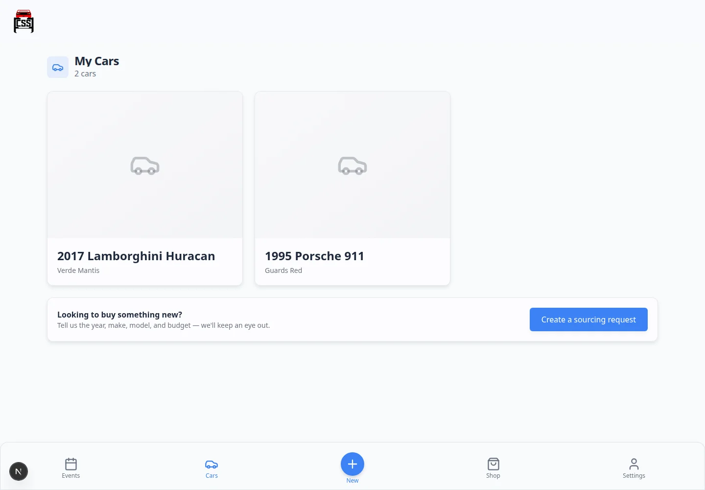 Customer portal Cars page showing vehicles linked to the customer's account
