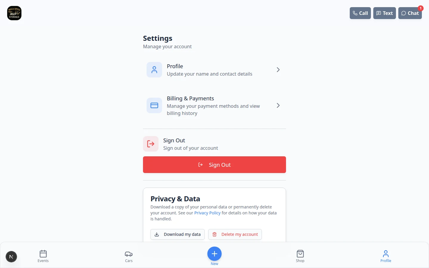 Customer portal Settings page showing account preferences and profile options