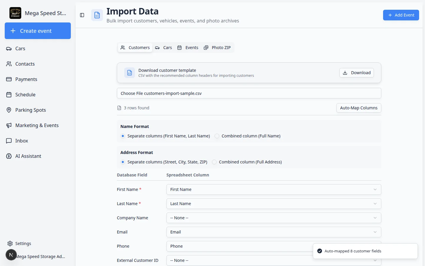 Customer import mapping screen showing name format, address format, database fields, spreadsheet columns, additional contacts, and auto-link car options