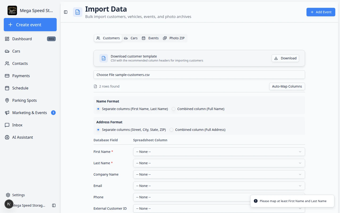 Customer import review screen showing a preview of rows before records are created