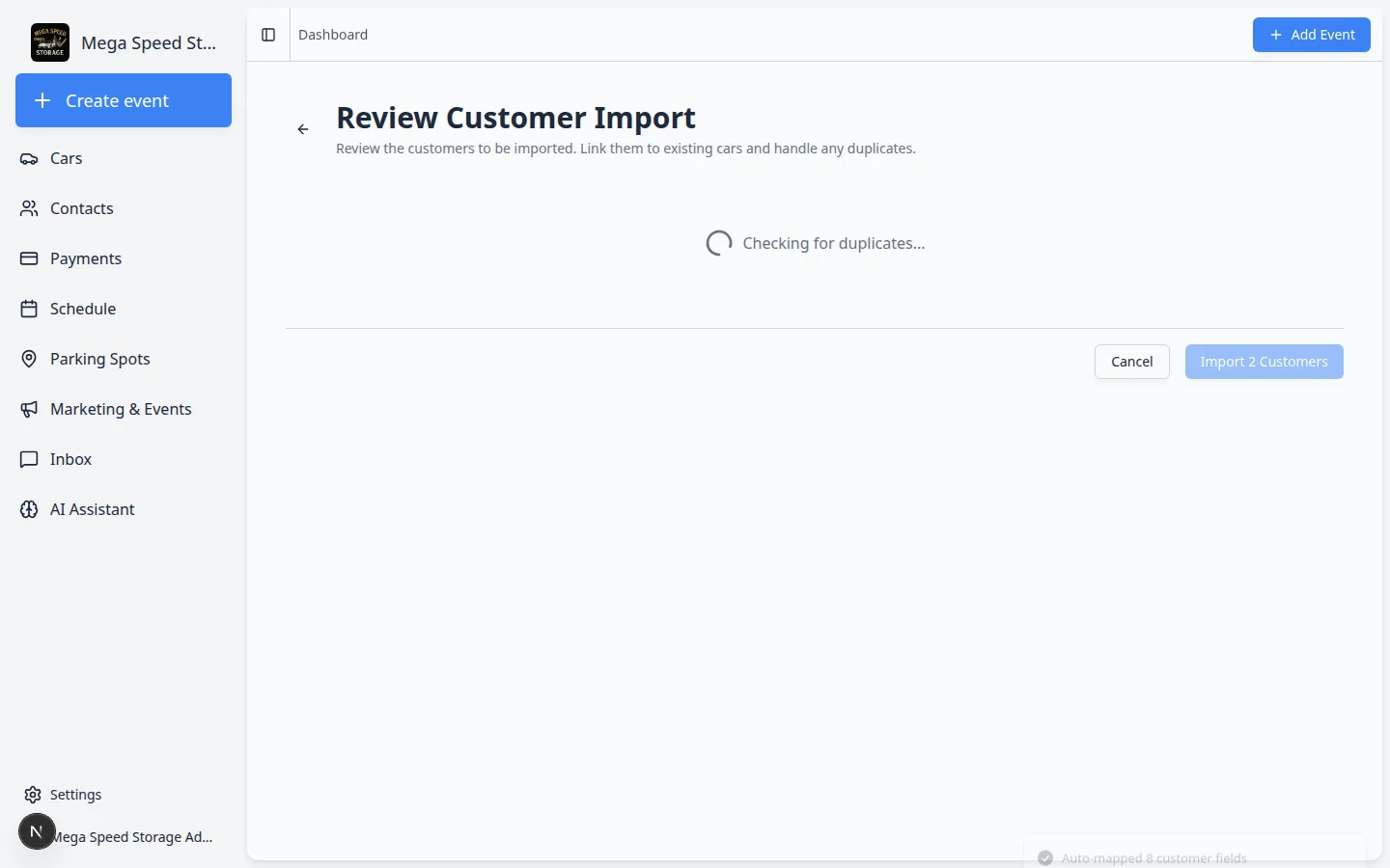 Customer import review screen showing a preview of rows before records are created