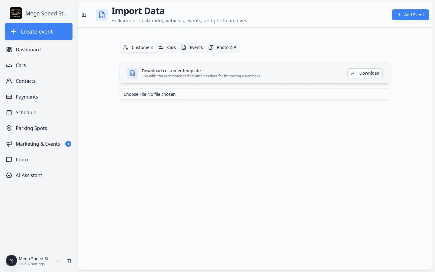 Import Data page showing tabs for Customers and Cars with a customer template download card