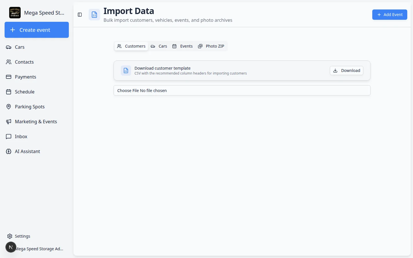 Import Data page showing tabs for Customers and Cars with a customer template download card