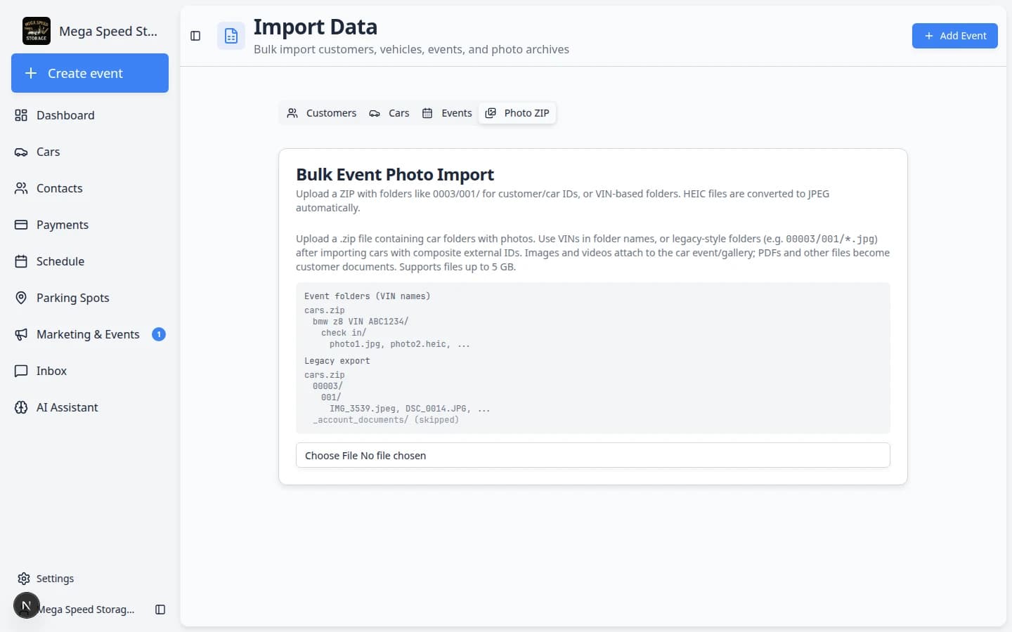 Import Data Photo ZIP tab showing Bulk Event Photo Import card with folder structure instructions and upload button