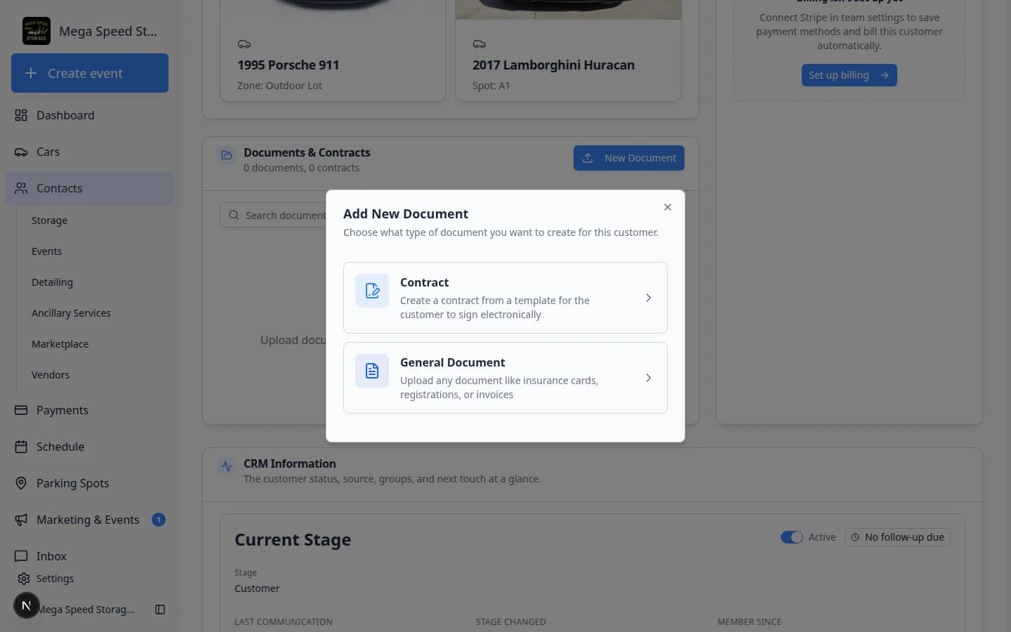 Add New Document window showing Contract and General Document choices