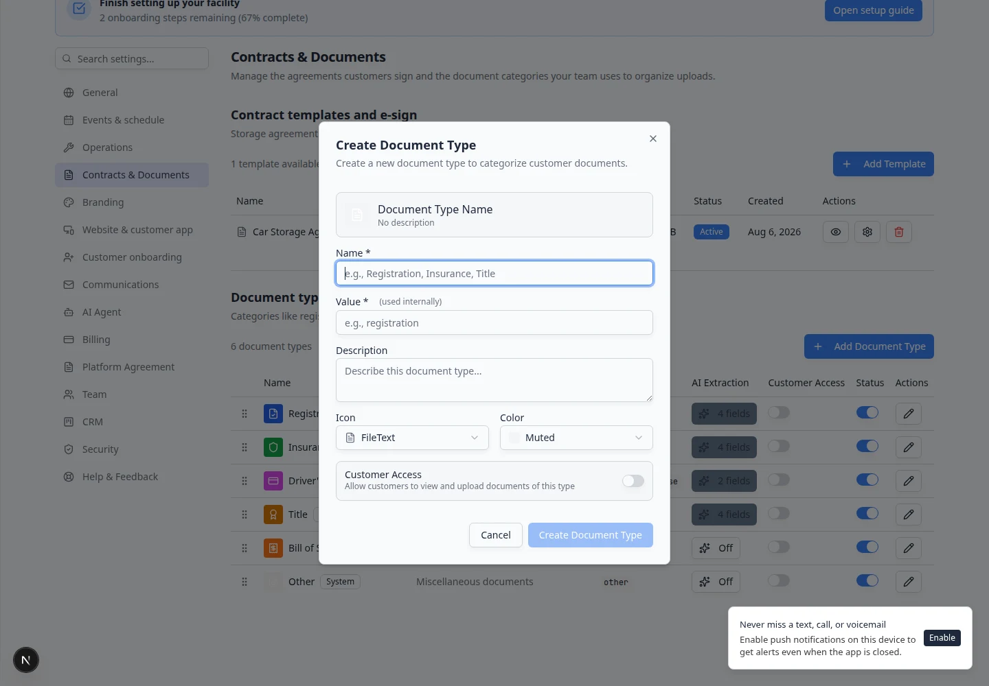 Add Document Type dialog showing name, description, icon, color, and Customer Access switch