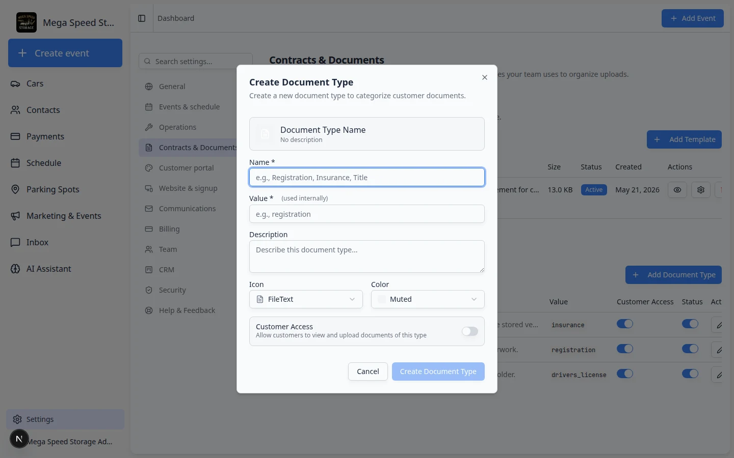 Add Document Type dialog showing name, description, icon, color, and Customer Access switch