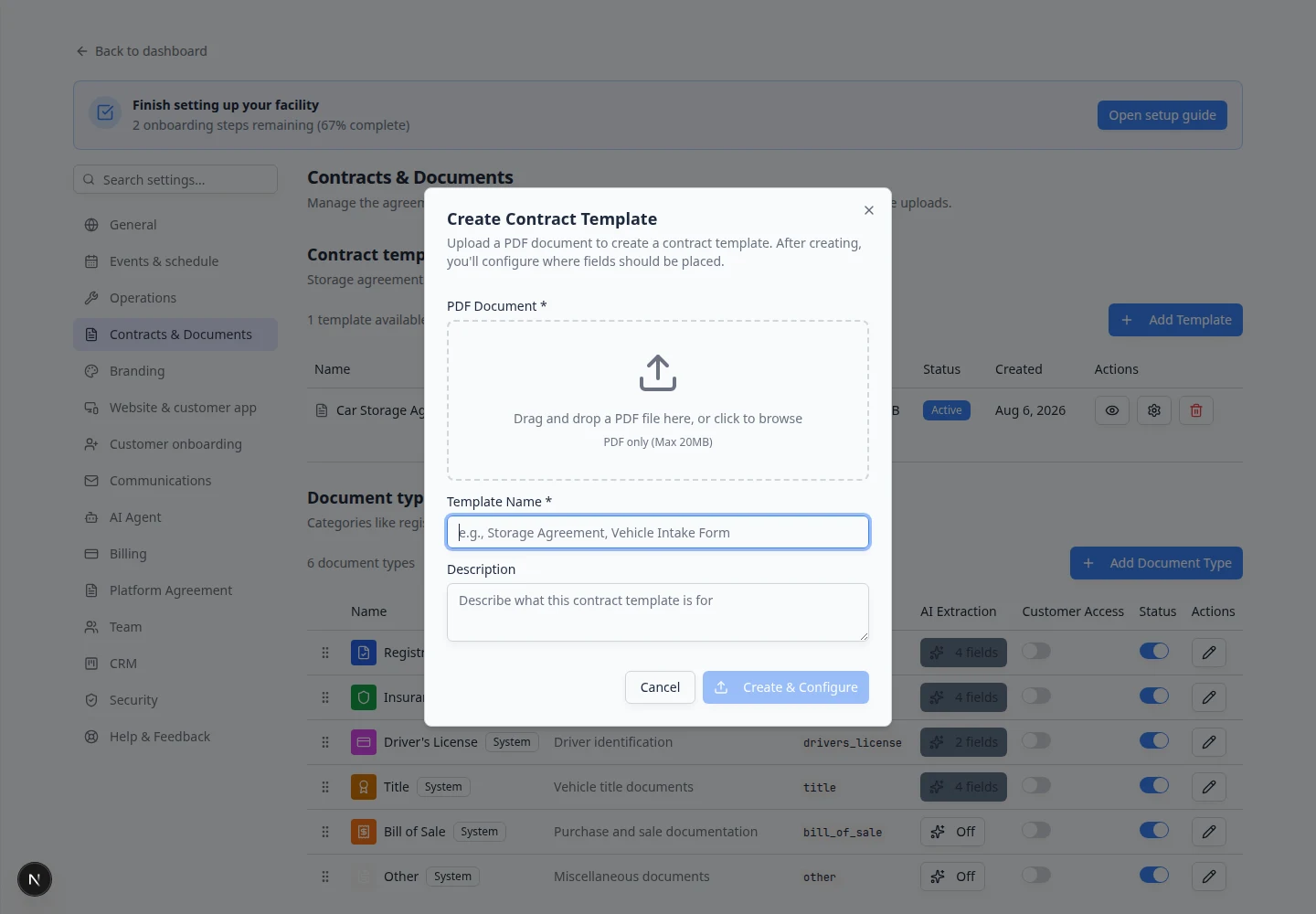 Create Contract Template dialog with PDF upload box, name field, description field, and Create and Configure button