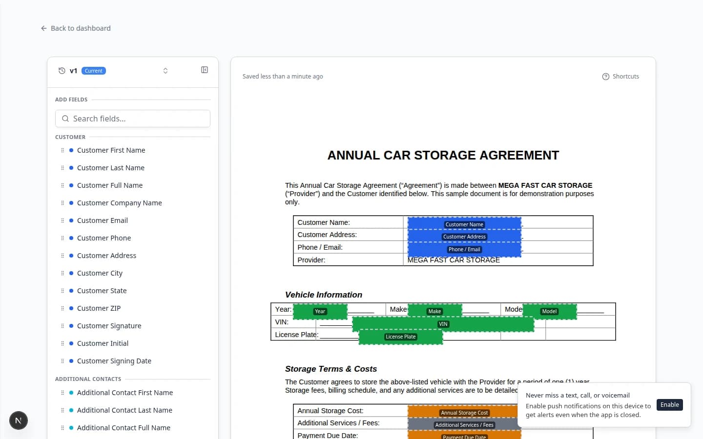 Contract template with suggested fields on a PDF