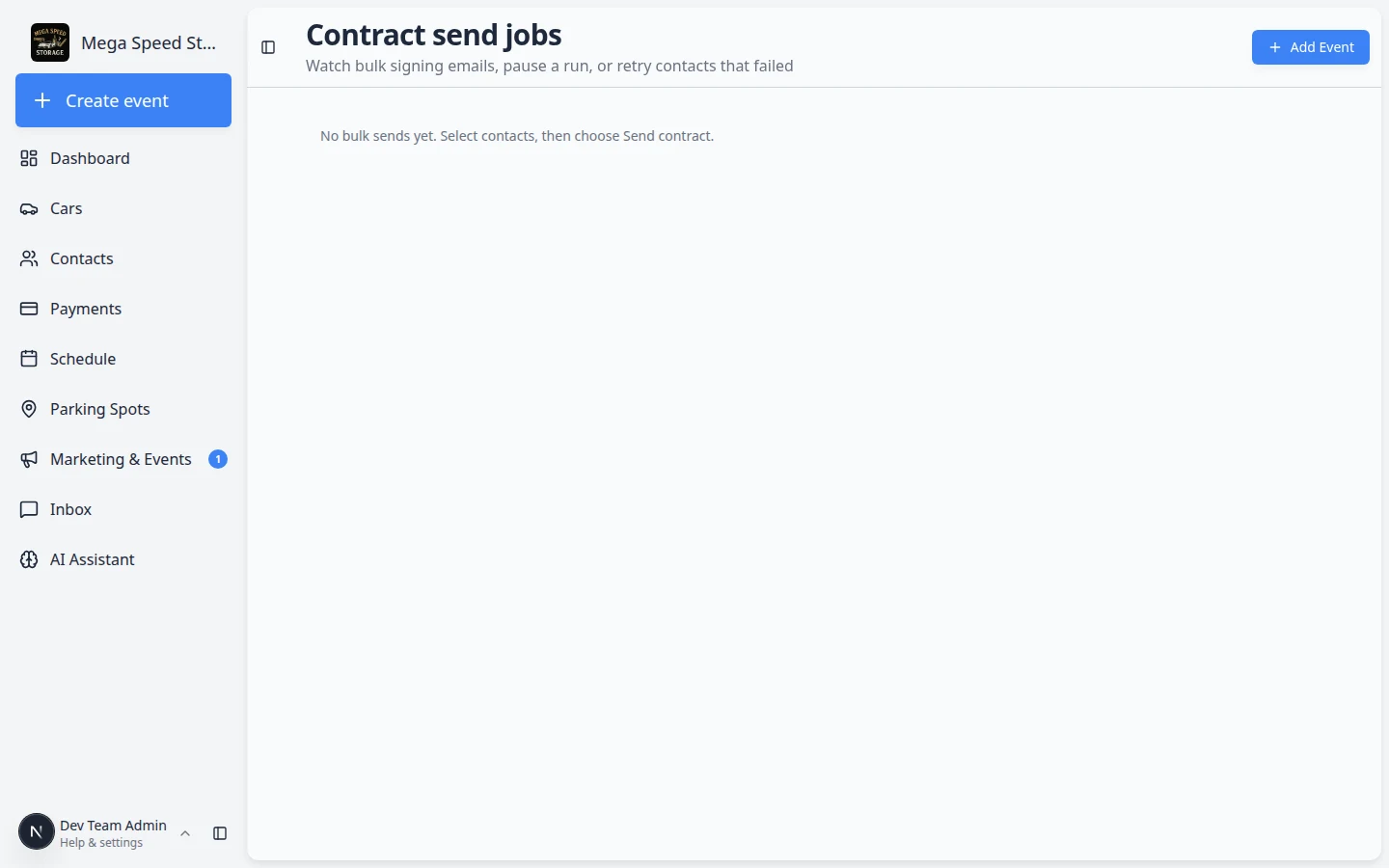 Contract send jobs page listing past bulk send batches with status and progress