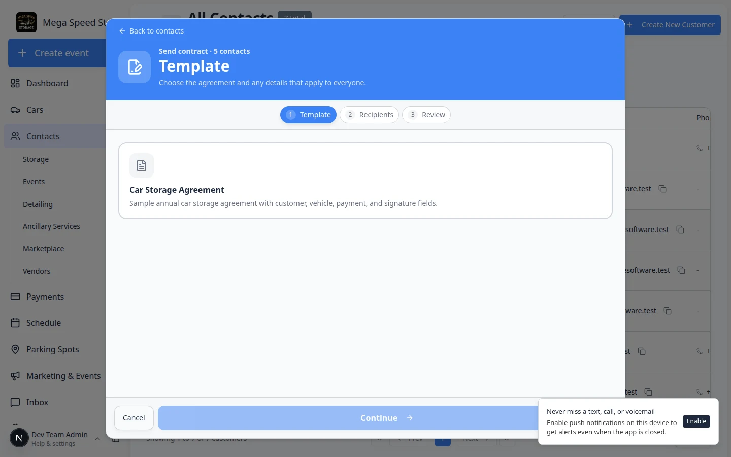 Bulk send Recipients step listing customers with Ready status and vehicle pickers
